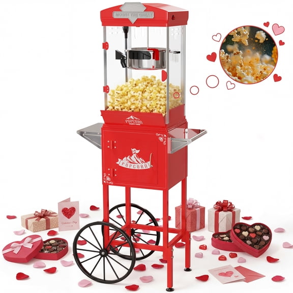10 OZ Popcorn Machine, ENYOPRO Popcorn Maker with Cart, 40-Cup Capacity, Removable Stainless Steel Kettle, Perfect for Home Theater, Party, Wedding & Birthday, Red