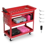 Yardmaster Heavy Duty Rolling Tool Cart, Industrial Utility Cart with Side Hooks, Pegboard, Shelf, 1 Drawer, 3-Tier Tool Box on Wheels, Red Powder-Coated Finish