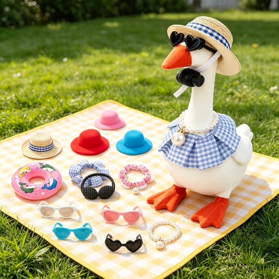 Yardvibe 13PC Desk Goose Outfits, 7 Inch Summer Mini Porch Goose Outfits Hats Sunglasses Swimming Ring Necklaces Dresses for Magnetic Geese Statue, Key Holder Table Decor (A)