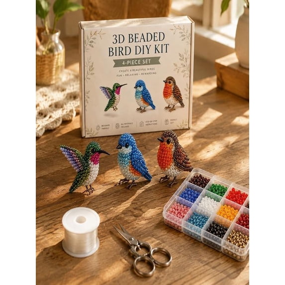 Yardvibe 3D Beaded Bird DIY Kit, Tiny Animal Themed Beadwork Kit, Easy DIY Beading Embroidery for Beginners & Craft Enthusiasts (B)