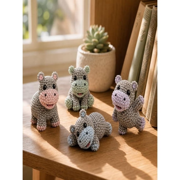 Yardvibe 3D Beaded Hippo DIY Kit, Tiny Animal Themed Beadwork Kit, Easy DIY Beading Embroidery for Beginners & Craft Enthusiasts (D)