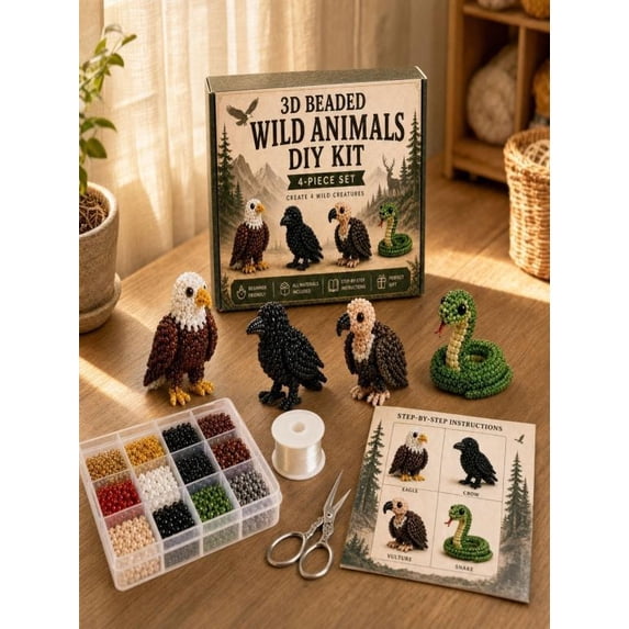 Yardvibe 3D Beaded Wild Animal DIY Kit, Tiny Animal Themed Beadwork Kit, Easy DIY Beading Embroidery for Beginners & Craft Enthusiasts (E)