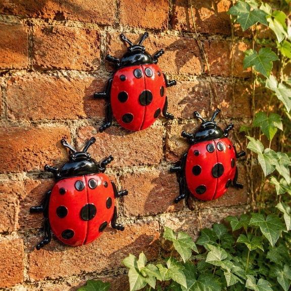 Yardvibe 3PC Metal Ladybug Wall Decor, 6.69"x6.69" Red 3D Insect Sculpture, Insect Statue for Home Room Decor, Home Decoration for Tabletop Living Room Bedroom