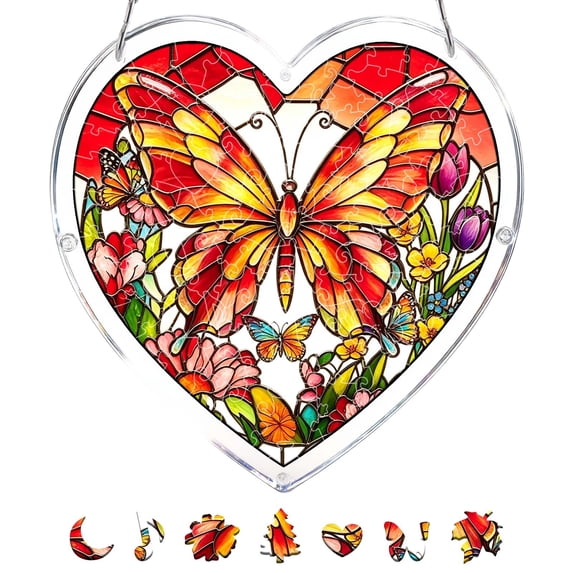 Yardvibe Acrylic Heart Shaped Puzzle Suncatcher, 83 Pieces, 7.48" Butterfly Sun Catchers Puzzle, DIY SunCatchers Puzzles Window Hanging, Home & Garden Decor (Red)