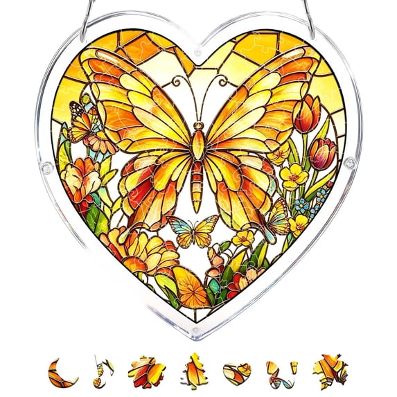 Yardvibe Acrylic Heart Shaped Puzzle Suncatcher, 83 Pieces, 7.48" Butterfly Sun Catchers Puzzle, DIY SunCatchers Puzzles Window Hanging, Home & Garden Decor (Yellow)