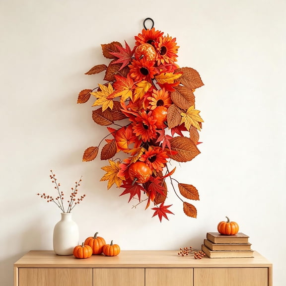 Yardvibe Artificial Fall Maple Leaf Garland, 1 Pack Silk Cloth Cluster With Pumpkins And Sunflowers, Autumn Thanksgiving Hanging Accent For Front Door Porch, Multicolor