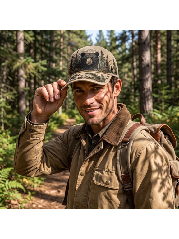 Bear Hunting Wild & Untamed Hat, 7.09"x4.72" Adjustable Vintage Baseball Cap with Black Bear Mountain Forest Artwork, Hunting Gift for Hunter