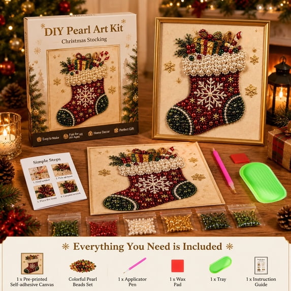 Yardvibe Christmas Christmas Stockings Pearl Diamond DIY Art Kit with Frame, 9.84"x9.84" Xmas Pearl Beads Art Craft for Adults Beginner, Gemstone Diamond Dots Beads for Home Wall Decor (E)