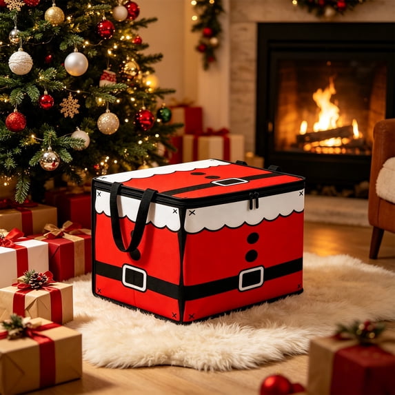 Yardvibe Christmas Santa Storage Box, 16.5x11.8x11.8 Inch Red Christmas Storage Bin with Lid and Carrying Handle, Foldable Organizer with Lid for Clothes Blankets and Holiday Indoor Storage