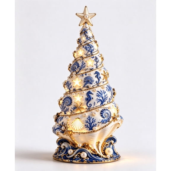 Yardvibe Coastal Seashell Tree Lamp, 11.81 Inch Resin Lighted Shell Design with Star Topper and Pearls, USB or Battery Tabletop Accent for Nightstand Shelf Windowsill, Multicolor