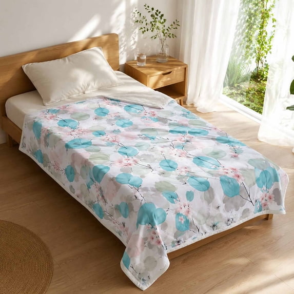 Yardvibe Cooling Comforter Twin Size, Floral Print Breathable Summer Comforter for Hot Sleepers & Night Sweats, Silky Smooth Cooling Blanket, Blue (A)