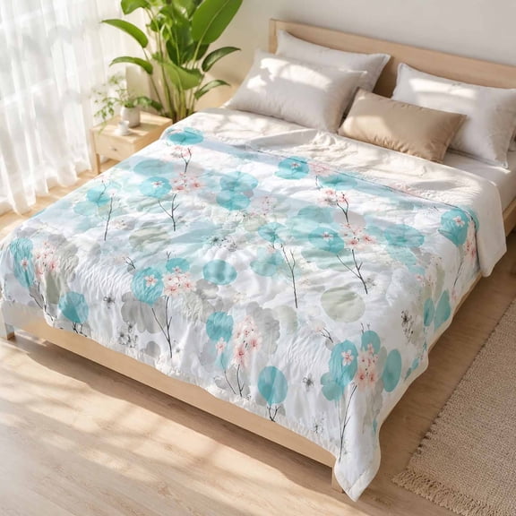 Yardvibe Cooling Comforter Twin Size, Floral Print Breathable Summer Comforter for Hot Sleepers & Night Sweats, Silky Smooth Cooling Blanket, Blue (B)