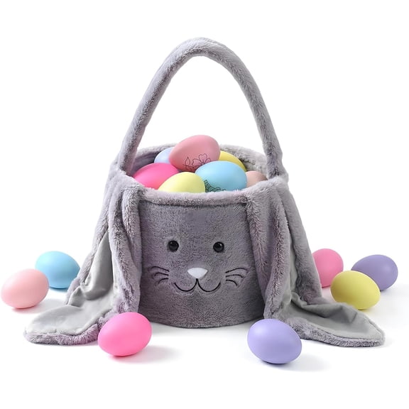 Yardvibe Cute Bunny Easter Basket with Plush Ears, Fluffy Easter Egg Hunt Bag Soft Fabric, Easter Baskets for Egg Hunt, Candy & Gift Storage, Dark gray