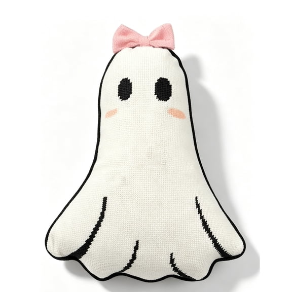 Yardvibe Cute Ghosts Throw Pillows, 15" Halloween Ghost Shaped Knit Throw Pillow with Pink Bow, Irregular Shaped Cushion for Sofa Bed Couch (B)
