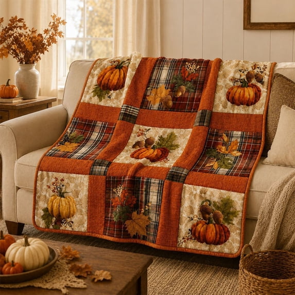 Yardvibe Fall Pumpkin Maple Leaf Plaid Flannel Throw Blanket, Large Quilted Sofa and Bed Decor in Orange Brown and Beige, 59x79 in