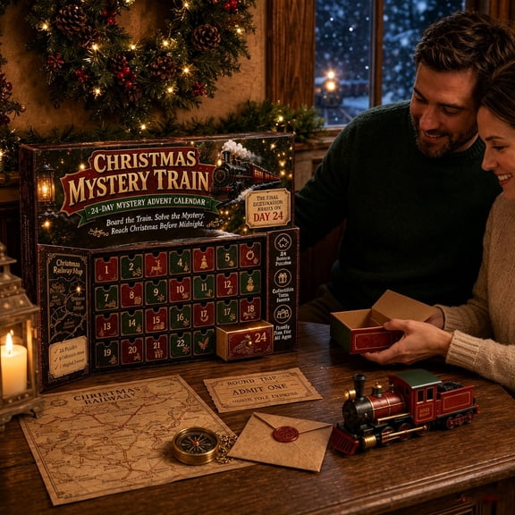 Yardvibe Festive 24-Day Mystery Advent Calendar, 24 Clues with Puzzle Cards and Evidence Props, Countdown Game for Family Night and Christmas Eve Parties, Christmas Mystery Train