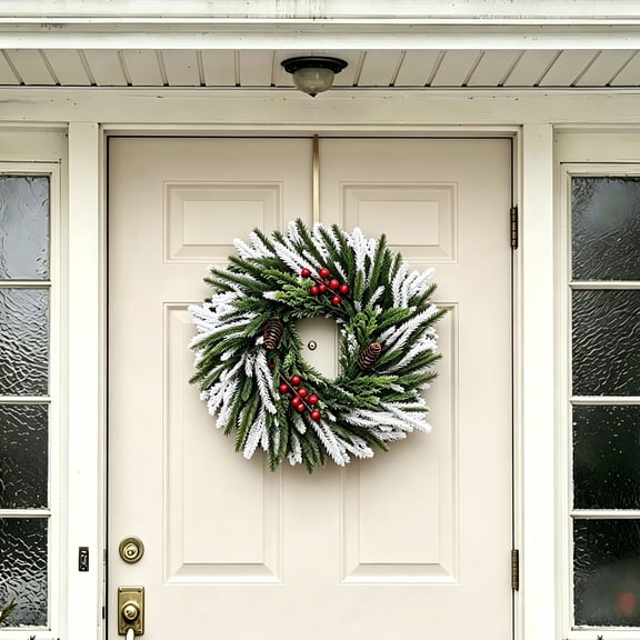Yardvibe Flocked Artificial Pine Wreath, 17 Inch Evergreen with Red Berries and Pinecones, Hanging for Front Door Wall Window Indoor Outdoor Christmas Decorating, Multicolor