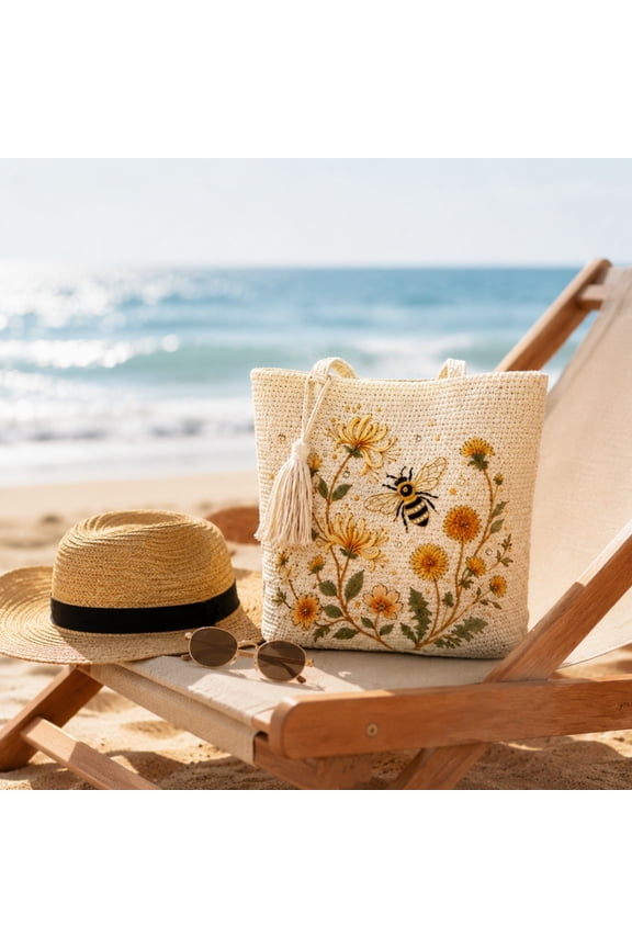 Floral Bee Knitted Tote Bag, 11.81"x11.81" Handmade Flowers Bee Embroidered Crochet Bag with Inner Lining & Pocket, Summer Purse for Shopping Travel Beach Daily Carry Gift