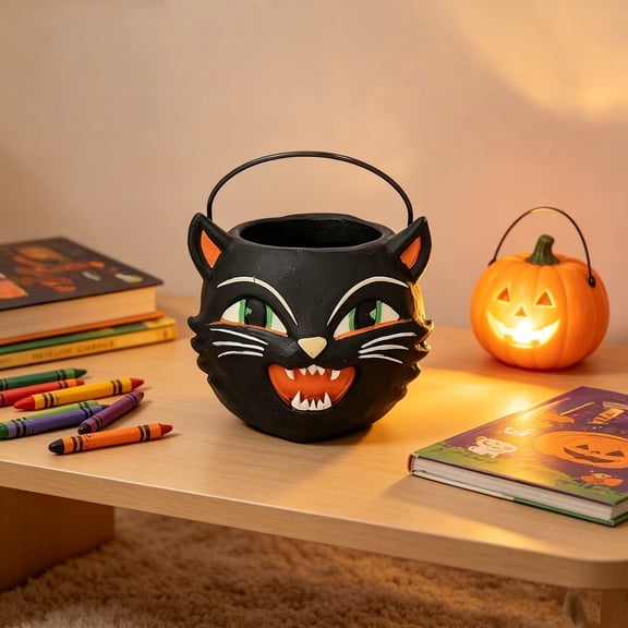 Yardvibe Halloween Candy Cauldron, Black Cat Candy Bucket Holder with Handles for Halloween Party Favor Home Decoration Supply (Black)