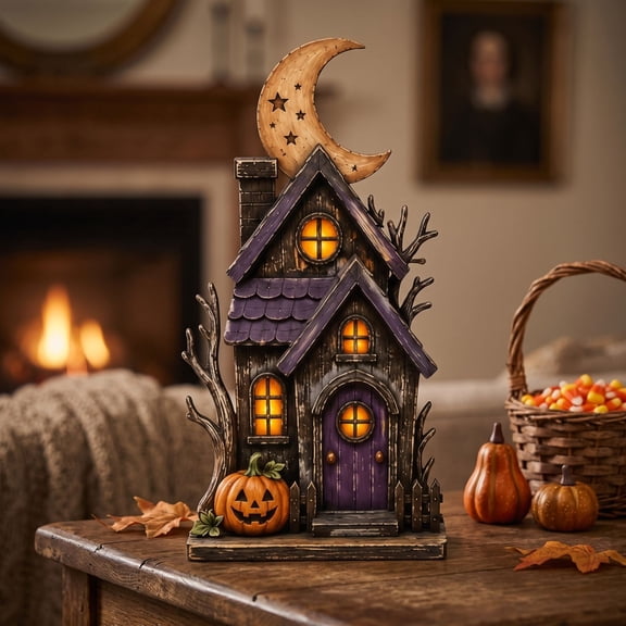 Yardvibe Halloween Ghost House Figurine, 5.9 Inch Purple Hand Painted Gothic Village Decor, Self Standing Spooky Tabletop Display for Home & Party