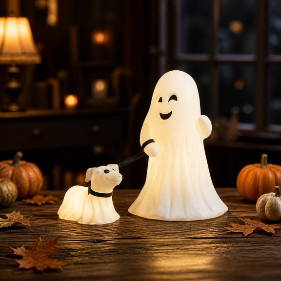 Yardvibe Halloween Ghost Walking Dog Statue, 10" Cute White Ghosts Figurines with Dog, Walking Dog Ghost Statue, Halloween Home Tabletop Decoration Halloween Party Decor