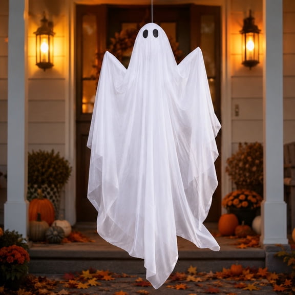 Yardvibe Halloween Hanging Ghost Decor With LED Lights, 47" Large Hanging Swing Ghost with String Lights & Sheet, Scary Ghost Halloween Party Decor Outside for Tree Porch Yard Garden Lawn (White)