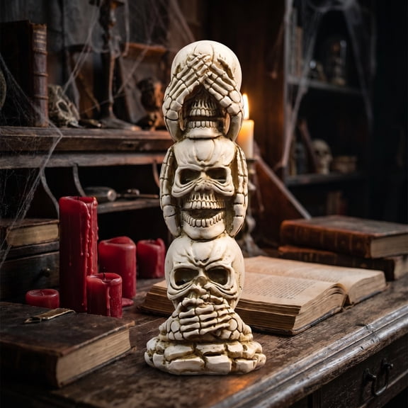Yardvibe Halloween Skull Decor, 2.7"x7.7" No See No Hear No Speak Stacked Skull Statue, Vintage Bone White Resin Skeleton Decor, Gothic Halloween Tabletop Ornament for Bar Home Party