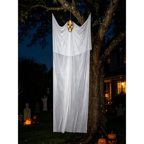Yardvibe Halloween Skull Hanging Ghost Decor, 63"x150" Extra Long Gauze Floating Ghost Prop, Voice Sensor Glowing Eyes Horror Decor for Indoor Outdoor Haunted House Porch Party (White)