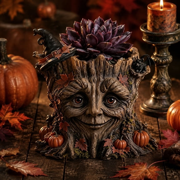 Yardvibe Halloween Witch Tree Face Planter Pot, Resin Tree Head Flower Vase with Witch Hat, Mini Pumpkins, Maple Leaves & Bat Decor for Indoor Outdoor Home Yard Decor
