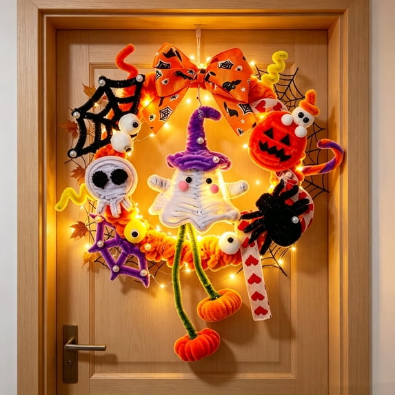 Yardvibe Halloween Wreath with Ghost Pumpkin Black Cat and Lights, 12.6 in Handmade Front Door Decor, Multicolor Holiday Wall Hanging