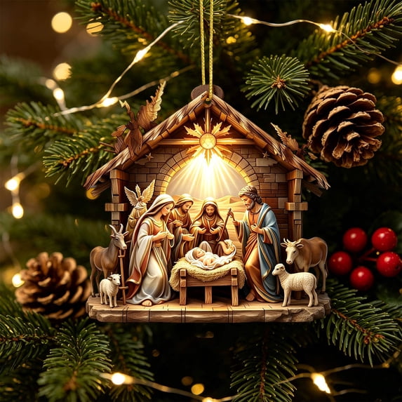 Yardvibe Handcrafted Christmas Nativity Ornament, 4 Inch Resin Hanging Piece with Radiant Star Accent, Holiday Display for Tree Mantel Shelf Window, Illuminated Brick Stable Scene
