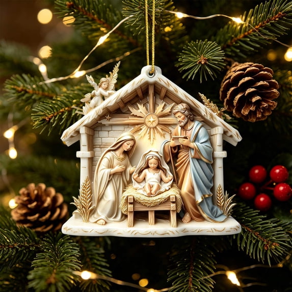 Yardvibe Handcrafted Christmas Nativity Ornament, 4 Inch Resin Hanging Piece with Radiant Star Accent, Holiday Display for Tree Mantel Shelf Window, White Stable Holy Family