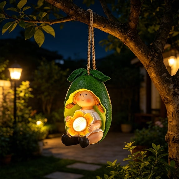 Yardvibe Hanging Solar Garden Fruit Elf Statues, 3.15"x4.53" Gnome Fairy Figurine with LED Lights, Funny Outdoor Sculpture Garden Decor for Yard Lawn Patio Porch Ornament (B)