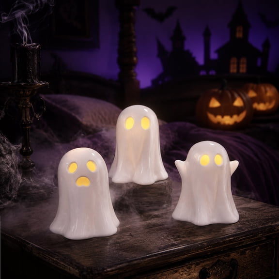 Yardvibe Lighted Ceramic Cute Ghost Figurines, 3PC Halloween White Spooky Light Up Ghost Decor with LED Lights, Halloween Decor for Home Office Party Props
