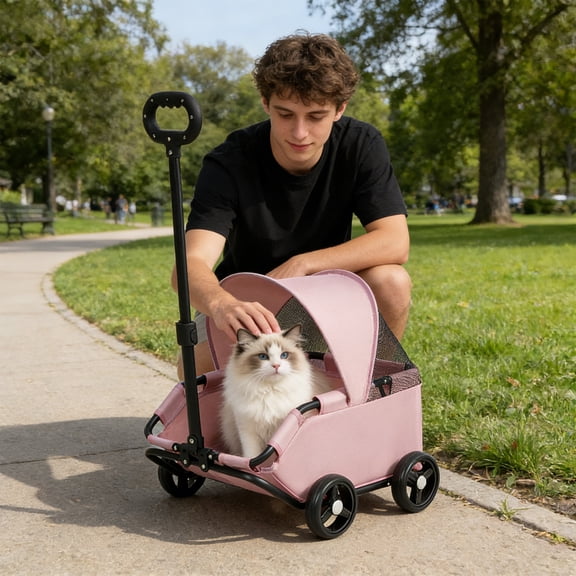 Yardvibe Pet Stroller with Sun Canopy, 13.78"x20.87"x20.08" Oxford Fabric Foldable Travel Carrier Cart for Small Cats & Dogs, Multi Use Small Strollers, Compact & Easy Storage (Pink)