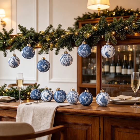 Yardvibe Rustic Christmas Tree Ornament Set, 9 Pcs Fabric Wrapped with Gold Caps, Hanging Holiday Decor for Party Fireplace Mantel, Blue White Chinoiserie