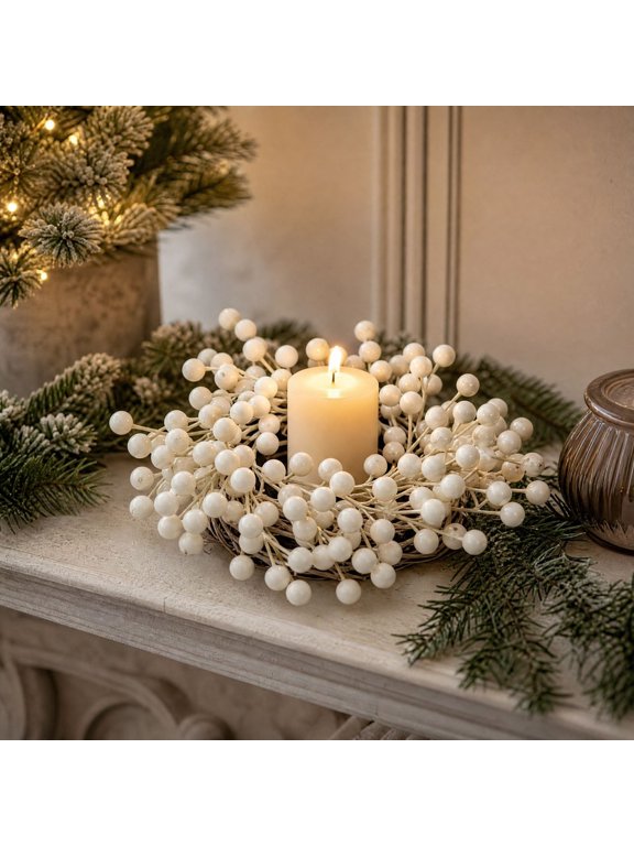 Rustic Faux Pinecone Candle Ring Wreath, 10.6 Inch Evergreen Needle And Cone Cluster, Tabletop Decor For Kitchen Cabinets And Holiday Dining Tables, White Berry Candle Ring