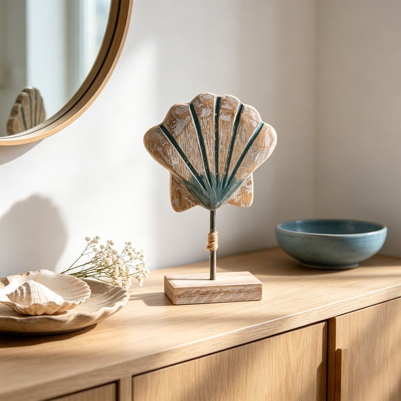 Yardvibe Rustic Nautical Seashell Figurine, Small Wooden Coastal Tabletop Accent with Stand, Beach Theme Shelf Console Cabinet Desk Display, Scallop Shell Decor
