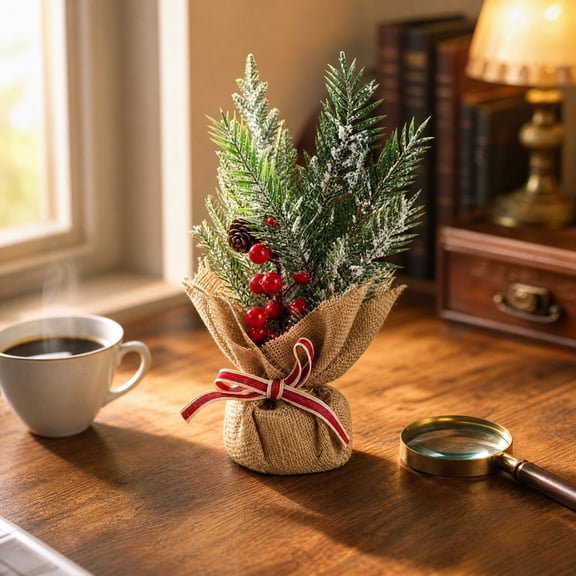 Yardvibe Small Artificial Christmas Tree Tabletop Decor, 10 Inch Faux Pine Sprig With Burlap Base, Freestanding Holiday Centerpiece For Shelf And Mantel, Frosted Pine Berry Burlap
