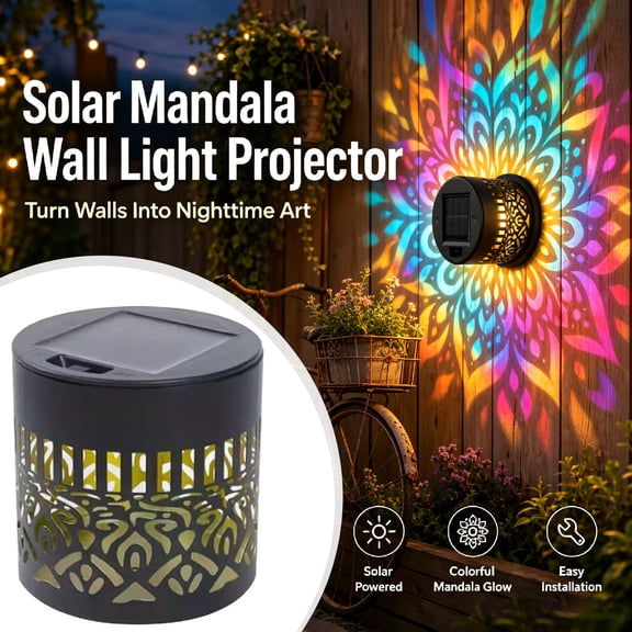 Yardvibe Solar Mandala Projection Wall Light, 3.35"x3.23" 7 Color Changing Outdoor Waterproof Metal Fence Lantern for Yard Garden Post Patio Backyard Decor (1PC)