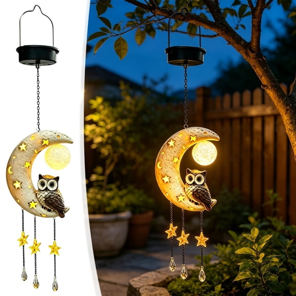 Yardvibe Solar Owl Moon Garden Light, 5.9x24.4 Inch Resin Owl Figurine Hanging Lantern, Star Moon Night Light, Whimsical Tree Ornament for Yard, Patio, Porch Outdoor Garden Decor