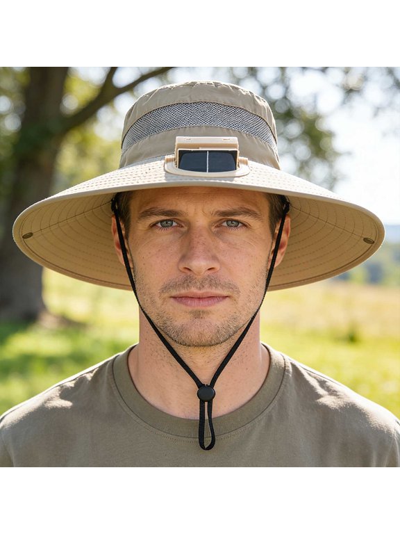 Solar Powered Fan Hats with Built-in Fan, 22.05"-22.83" Strong Breeze Solar Fan UPF 50+ Protection Black Bucket Hat, Outback Hat, Fishing Hat for Men Women (Khaki)