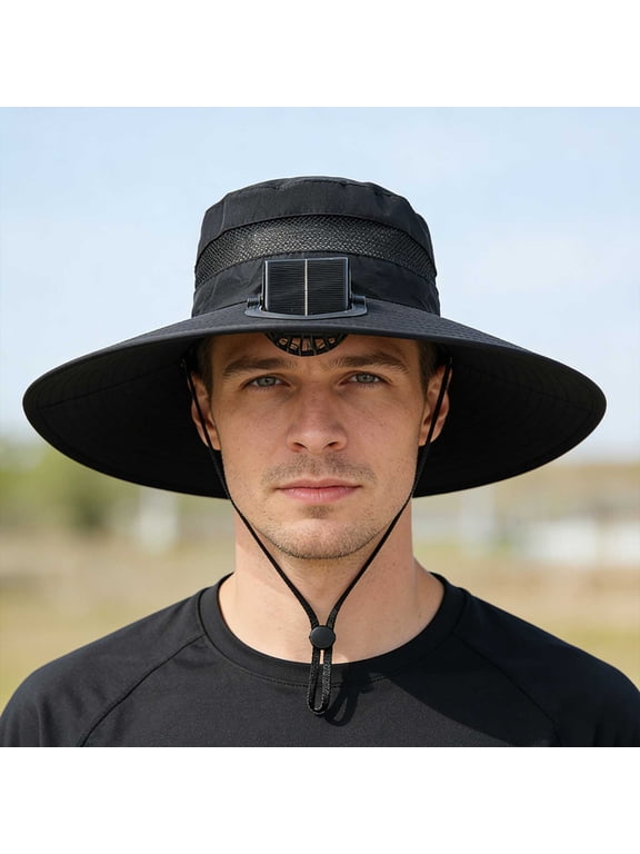 Solar Powered Fan Hats with Built-in Fan, 22.05"-22.83" Strong Breeze Solar Fan UPF 50+ Protection Black Bucket Hat, Outback Hat, Fishing Hat for Men Women (Black)