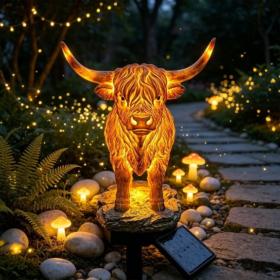 Yardvibe Solar Standing Highland Cow Garden Light, 17.7" Solar Powered Realistic Highland Cattle Statue Lamp with Yard Stake, Weather Resistant Resin Lights for Garden Patio Pathway