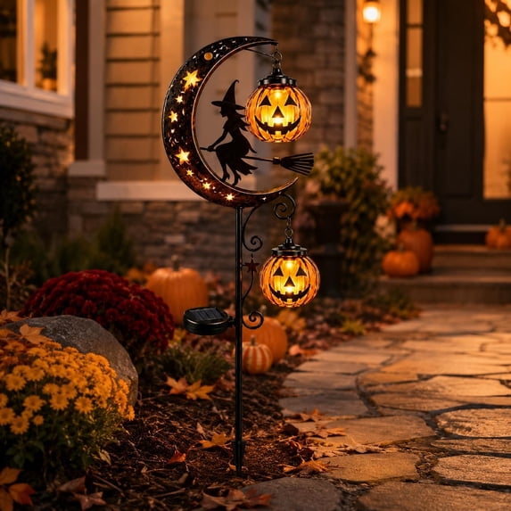 Yardvibe Solar Witch & Pumpkin Moon Garden Stake Light, Halloween Outdoor Waterproof LED Yard Decoration with Crescent Moon, Hanging Pumpkin Lantern for Garden, Patio, Walkway, Porch