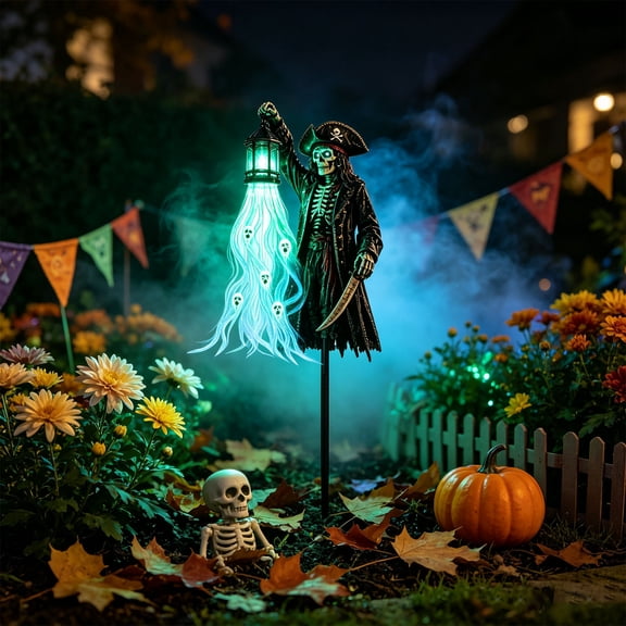 Yardvibe Spooky Solar Garden Stake Light, 23.6 Inch Metal Figure With Glow And Skull Accents, Lighted Halloween Yard Decor For Porch Walkway Patio, Pirate Skeleton Lantern