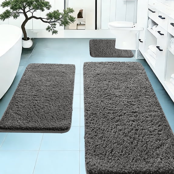 Yardvibe Thick Bathroom Rugs, Set of 3 Furry Non Slip Bath Rug, Soft Plush Absorbent Bathroom Mat, Machine Washable Toilet Rug Set, Bath Mat for Tab, Shower and Bathroom (Gray)
