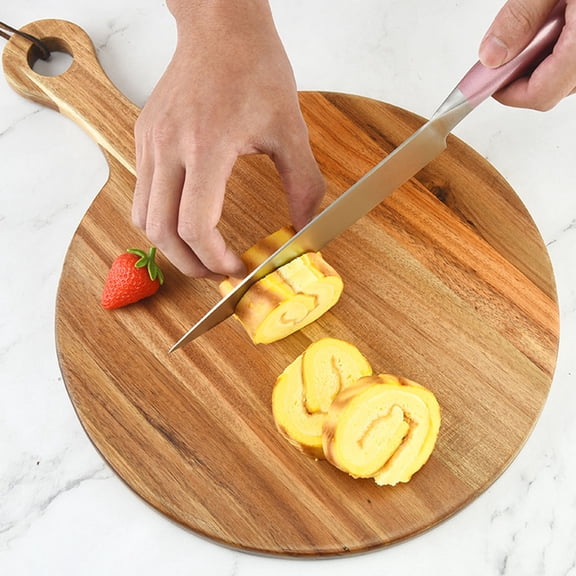 Yardwe Wooden Pizza Board with Handle Round Serving Charcuterie Board Brown