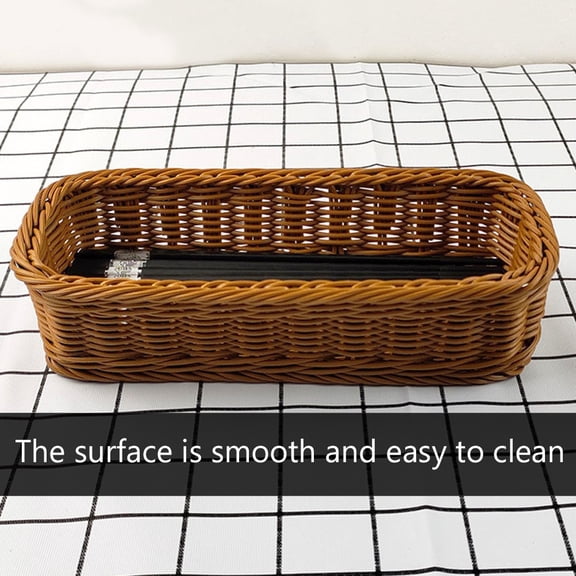 Yardwe Brown Plastic Rattan Woven Storage Basket with Hollow Design, Organizer for Tableware and Home Use