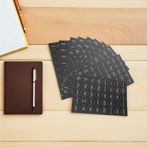 Yardwe 2Sets Black Adhesive Spice Labels Stickers Preprinted Round for Easy Kitchen Jar Organization